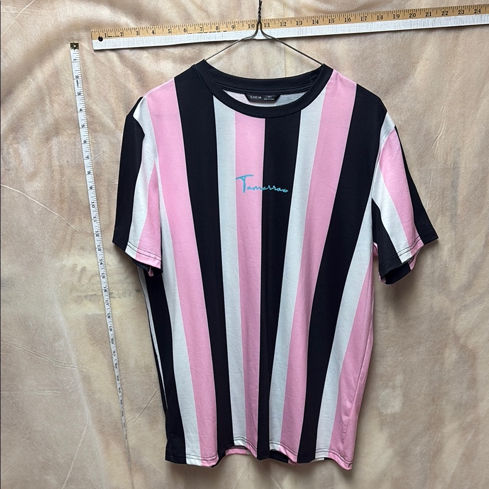 SHEIN Pink and Black Striped Short Sleeve Tee